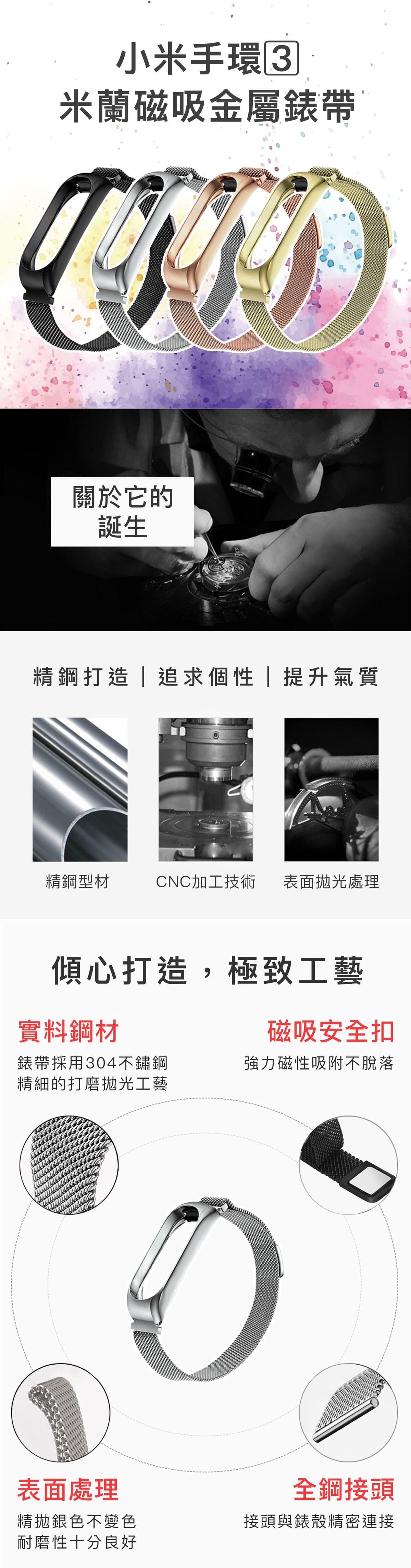 小米手環3 米蘭磁吸金屬錶帶|強力磁吸扣,面積小巧吸力超強(四色)