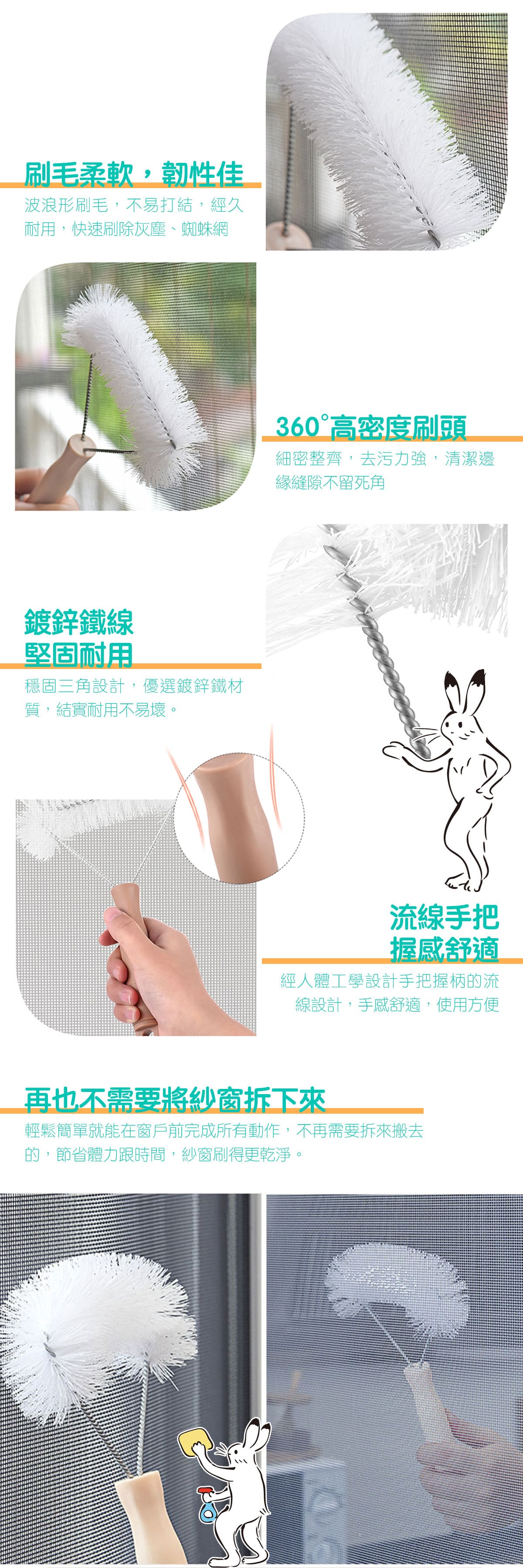 360°無死角的進行掃除，專門刷各種濾網、紗窗