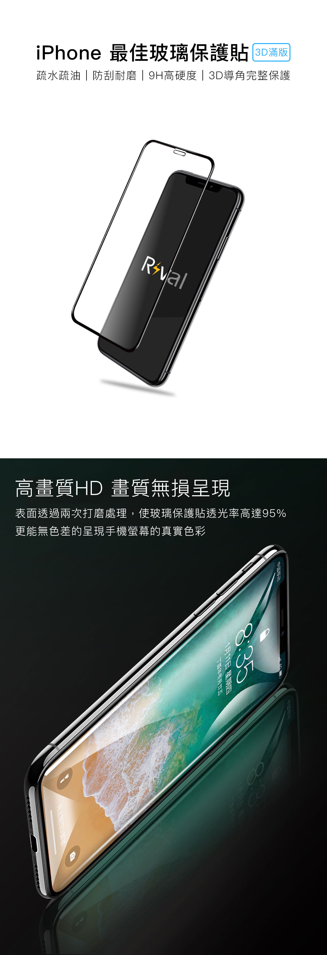 Rival 旭硝子 3D滿版玻璃貼 iPhone X/XS/MAX/XR/7/8/Plus用