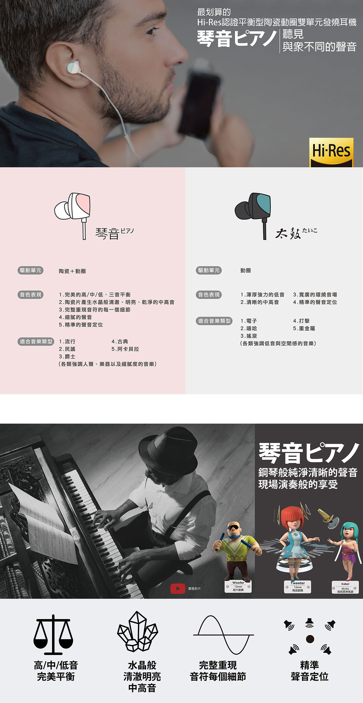 TUNAI琴音ピアノHi-Res陶瓷雙動圈耳機|耳朵的守護神.聽見與眾不同的聲音
