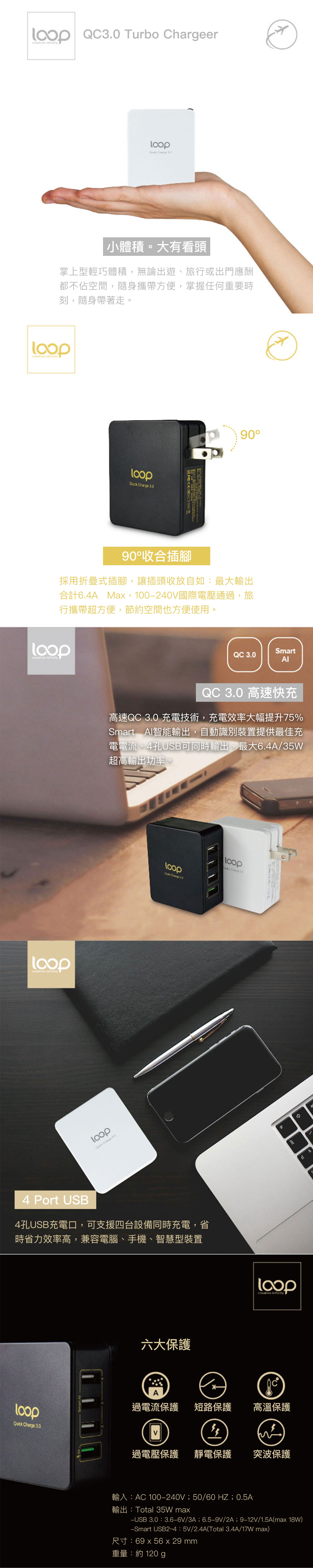 LOOP QC3.0 4Port USB充電器｜掌上型輕巧體積 可支援四台設備同時充電