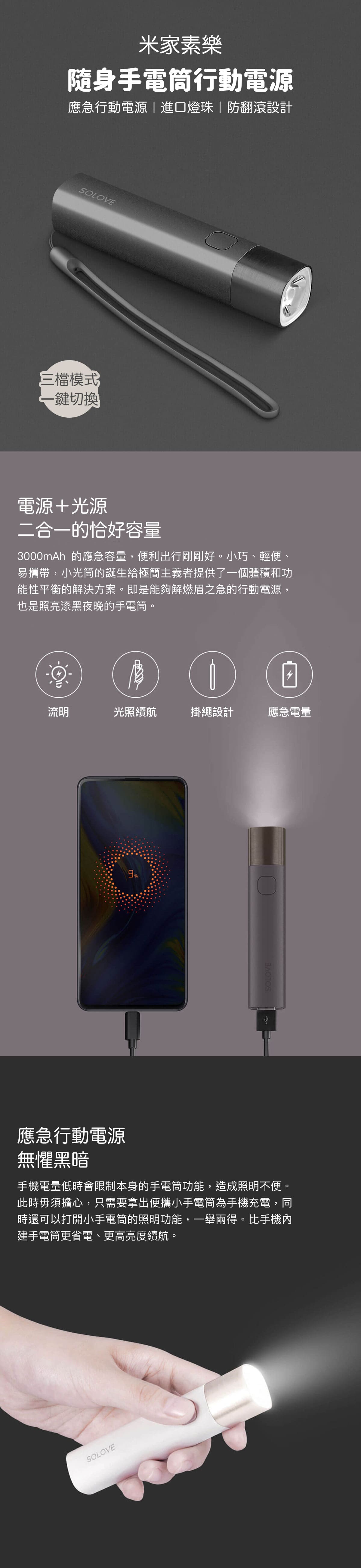 米家 素樂 隨身手電筒+行動電源|電源+光源 3000mAh的恰好容量