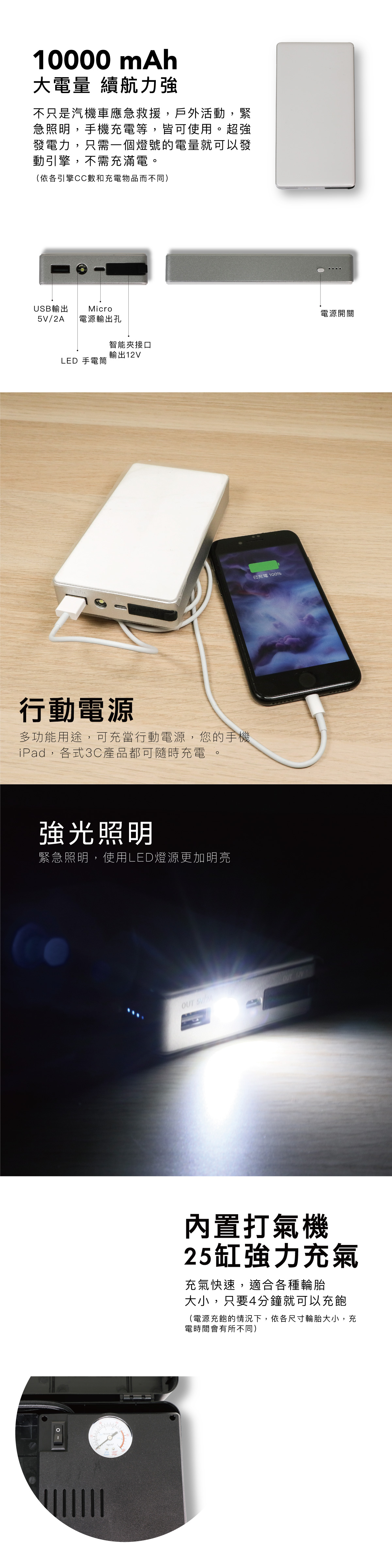 急救充電，10000mAh超大電量