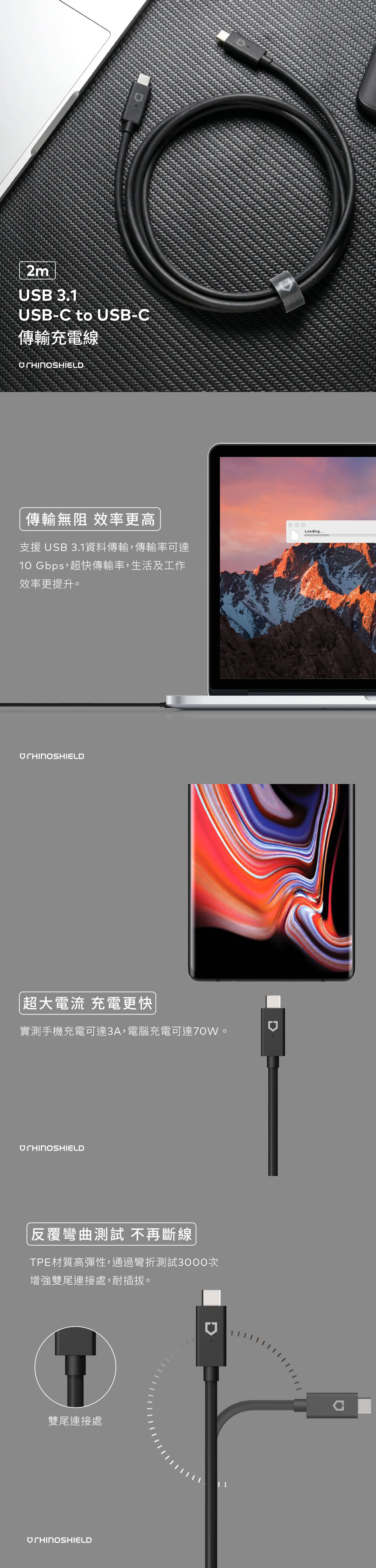 犀牛盾 USB 3.1 Type C to Type C 200公分 傳輸充電線