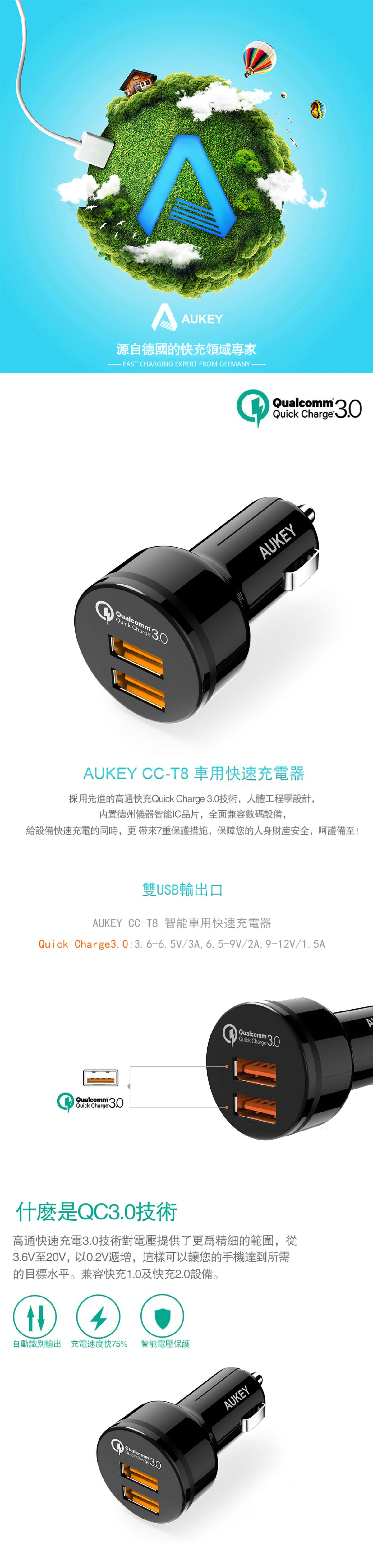 AUKEY CC-T8 2孔 36W QC3.0 車用 充電器