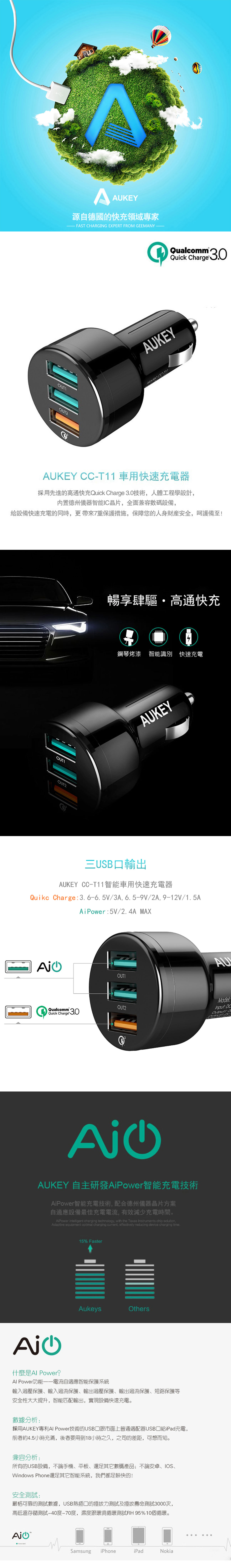 AUKEY CC-T11 3孔 42W QC3.0 車用 充電器