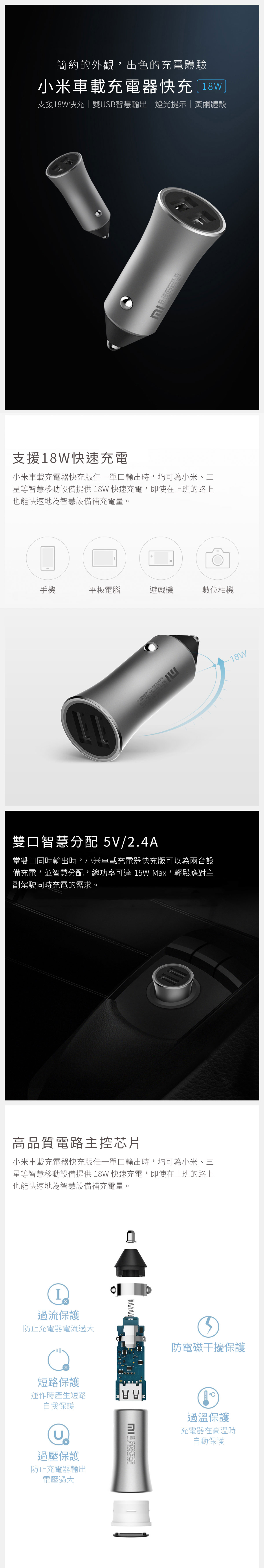 小米車用充電器 2 快充版 18W|雙口智慧分配 5V/2.4A 適用市面主流車型 支援18W快速充電