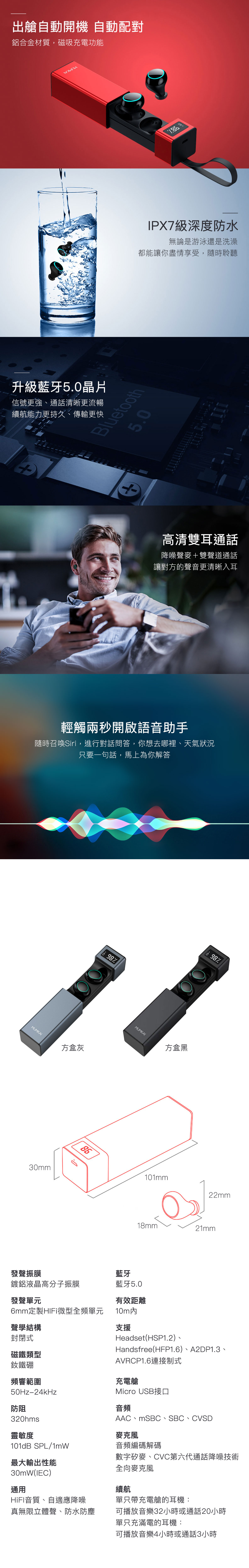 智慧電量顯示 HIFI觸控藍牙耳機 藍牙5.0 HiFi高音質 IPX7防水 雙耳通話 高清降躁