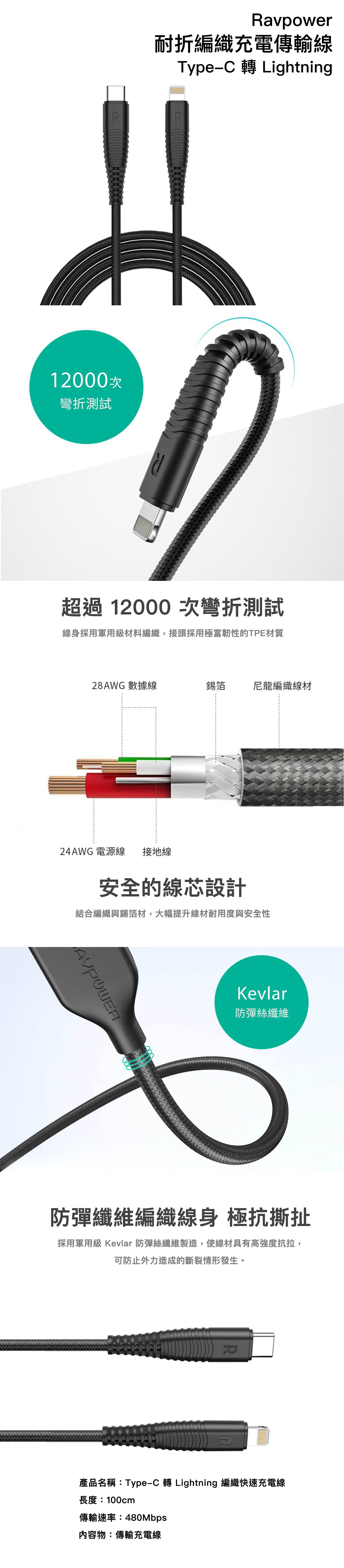 Ravpower Type-C 轉 Lightning 編織快速充電線 PD線 100cm