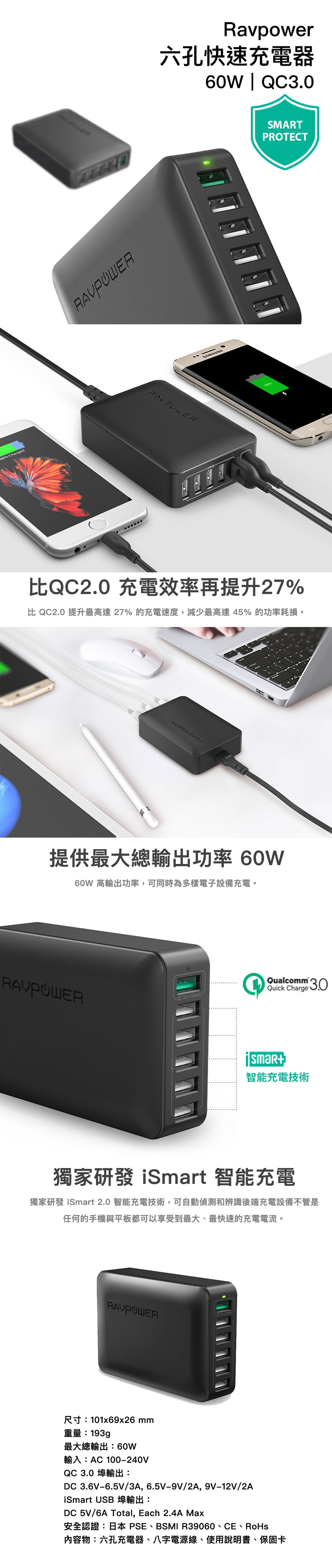 Ravpower 60W QC3.0 六孔快速充電器