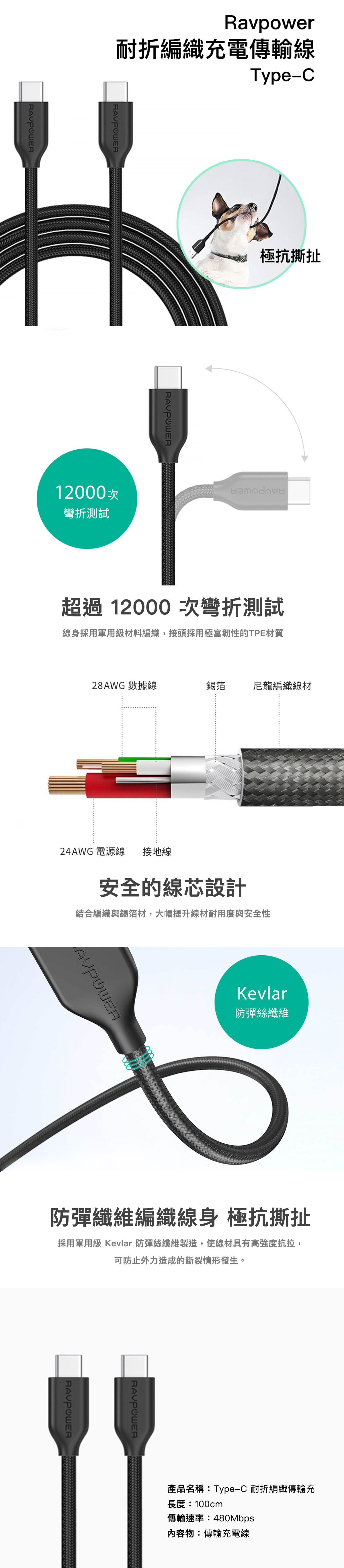 Ravpower Type-C 編織快速充電線 100cm