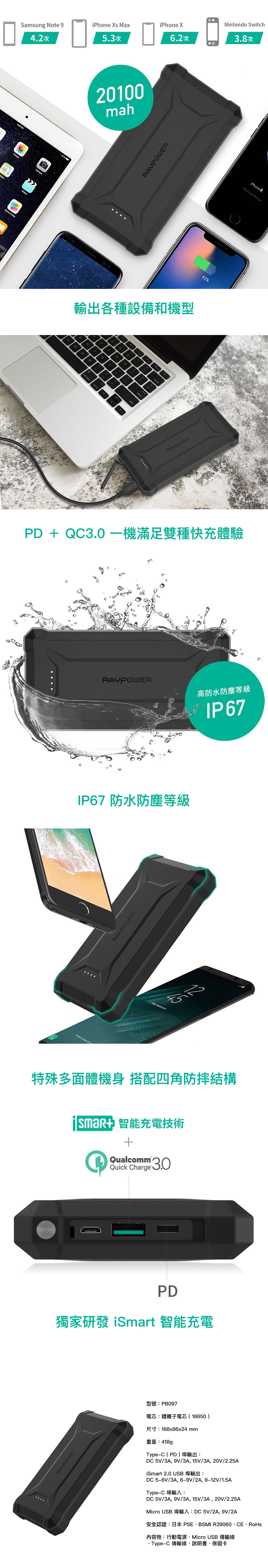 Ravpower 鋼鐵系列 20100mah PD+QC3.0 三防戶外行動電源