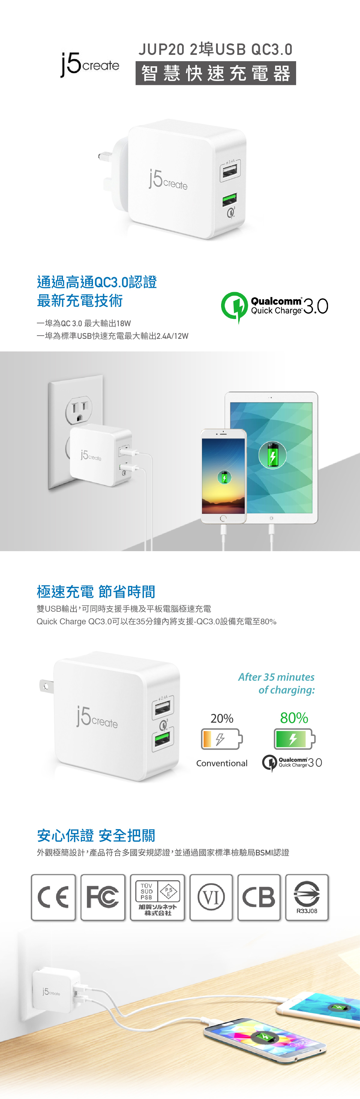 j5create 2-Port USB QC 3.0 智慧型快速充電器