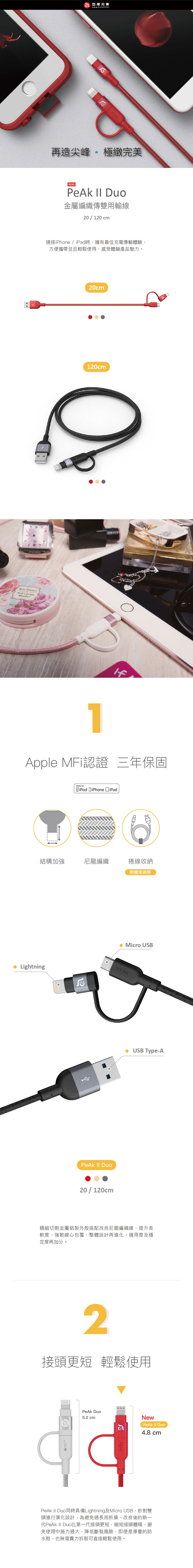 PeAk II Lightning Cable Duo 120B 雙用金屬編織傳輸線