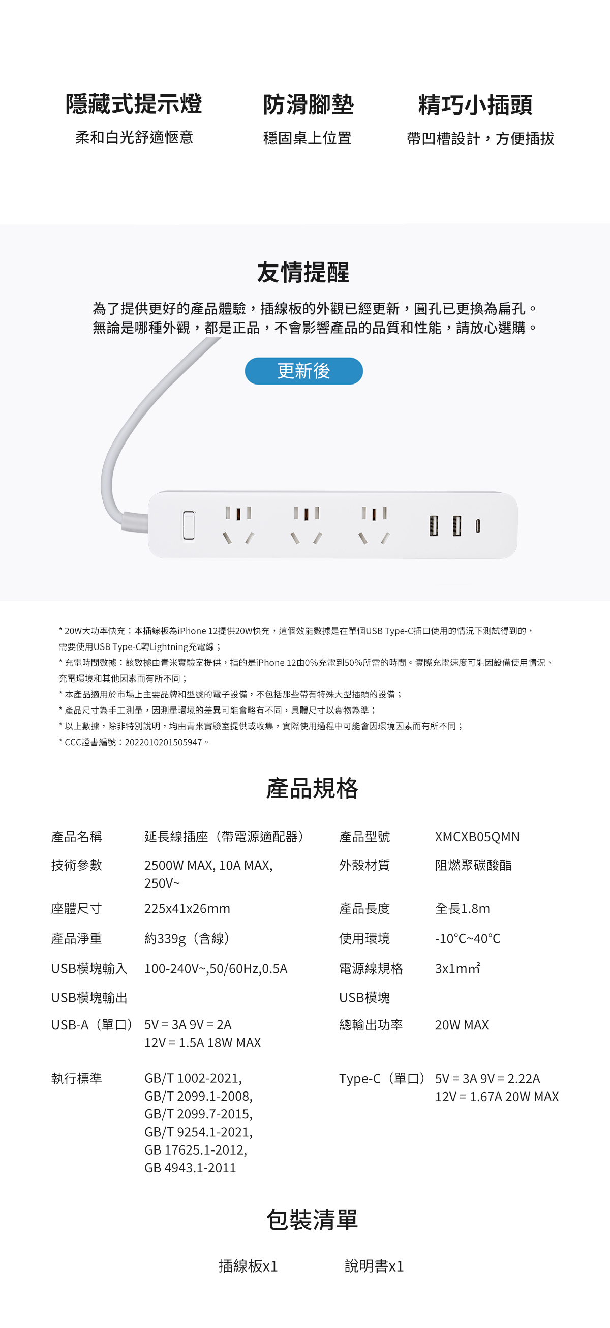隱藏式提示燈防滑腳墊精巧小插頭柔和白光舒適愜意穩固桌上位置帶凹槽設計,方便插拔友情提醒為了提供更好的產品體驗,插線板的外觀已經更新,圓孔已更換為扁孔。無論是哪種外觀,都是正品,不會影響產品的品質和性能,請放心選購。更新後 * 20W大功率快充:本插線板為iPhone 12提供20W快充,這個效能數據是在單個USB Type-插口使用的情況下測試得到的,需要使用USB Type-轉Lightning充電線;* 充電時間數據:該數據由青實驗室提供,指的是iPhone 120%充電到50%所需的時間。實際充電速度可能因設備使用情況、充電環境和其他因素而有所不同;* 本產品適用於市場上主要品牌和型號的電子設備,不包括那些帶有特殊大型插頭的設備;* 產品尺寸為手工測量,因測量環境的差異可能會略有不同,具體尺寸以實物為準;以上數據,除非特別說明,均由青實驗室提供或收集,實際使用過程中可能會因環境因素而有所不同;* CCC證書編號:2022010201505947。產品規格產品名稱延長線插座(帶電源適配器)產品型號XMCXB05QMN技術參數2500W MAX, 10A MAX,250V外殼材質阻燃聚碳酸酯座體尺寸225x41x26mm產品長度全長1.8m產品淨重約339g(含線)使用環境-10C~40CUSB模塊輸入100-240V~,50/60Hz,0.5A電源線規格USB模塊輸出USB模塊USB-A(單口) 5V=3A9V= 2A總輸出功率20W MAX12V = 1.5A 18W MAX執行標準GB/T 1002-2021,Type-C(單口) 5V=3A9V=2.22AGB/T 2099.1-2008,12V = 1.67A 20W MAXGB/T 2099.7-2015,GB/T 9254.1-2021,GB 17625.1-2012,GB 4943.1-2011包裝清單插線板說明書x1