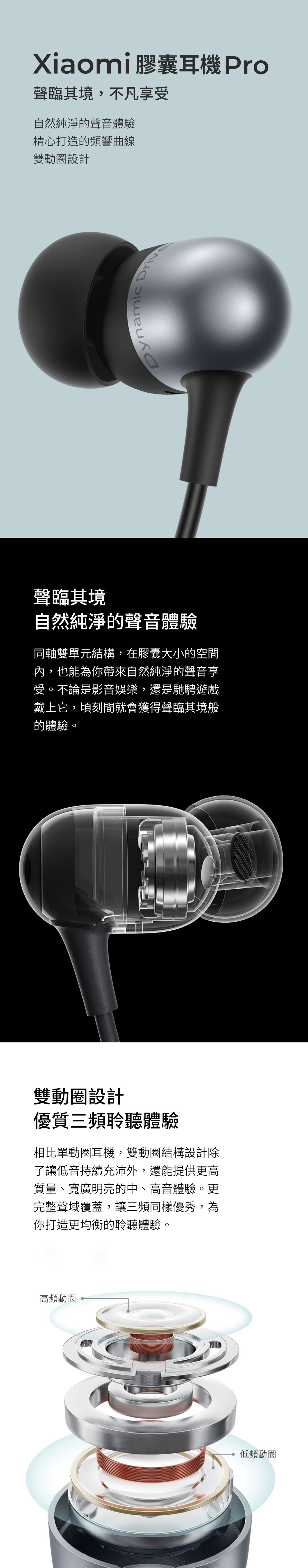 Xiaomi 膠囊耳機 Pro聲臨其境,不凡享受自然純淨的聲音體驗精心打造的頻響曲線雙動圈設計聲臨其境自然純淨的聲音體驗同軸雙單元結構,在膠囊大小的空間內,也能為你帶來自然純淨的聲音享受。不論是影音娛樂,還是馳騁遊戲戴上它,頃刻間就會獲得聲臨其境般的體驗。雙動圈設計優質三頻聆聽體驗相比單動圈耳機,雙動圈結構設計除了讓低音持續充沛外,還能提供更高質量、寬廣明亮的中、高音體驗。更完整聲域覆蓋,讓三頻同樣優秀,為你打造更均衡的聆聽體驗。高頻動圈低頻動圈DynamicDriv