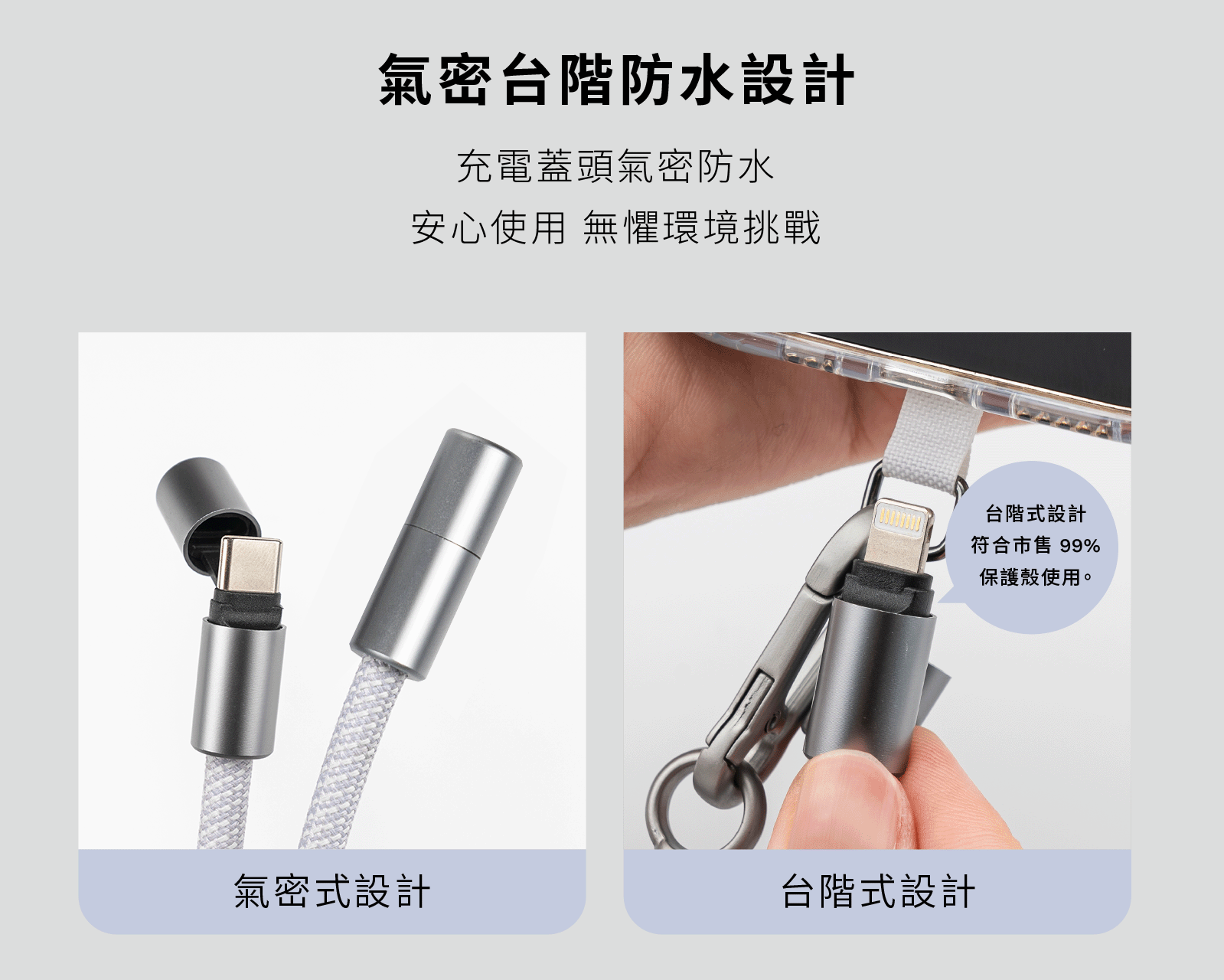 氣密台階防水設計充電蓋頭氣密防水安心使用 無懼環境挑戰氣密式設計台階式設計台階式設計符合市售 99%保護殼使用。